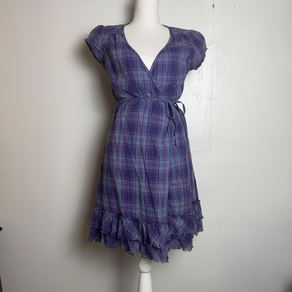Converse One Star Plaid Wrap Dress Purple Blue Grunge Y2K Tattered Hem Small
